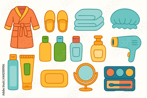 Bathroom essentials flat icon set. spa, hygiene, shower, bath items in flat style