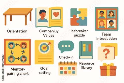 Team building flat icon set. orientation, icebreaker, goal setting icons collection