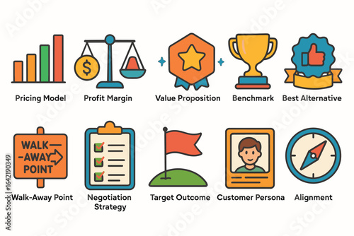 Business strategy outline icon set. planning, targeting, and success icons collection