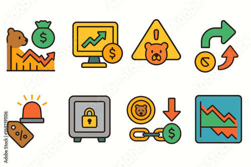 Finance, bear market filled icon set. stock trading, economic downturn symbols
