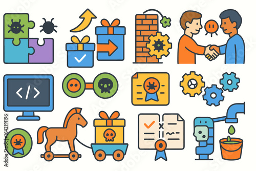 Cybersecurity linear icon set: virus, firewall, encryption, spyware symbols collection