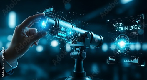 Long-term vision concept. A hand adjusts a holographic telescope focused on a distant target marked 