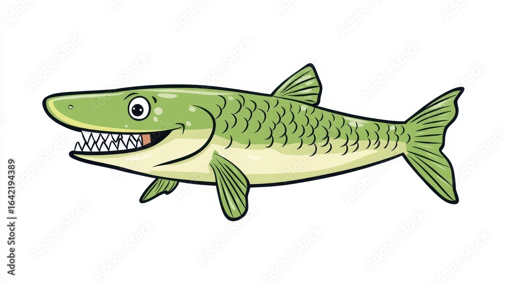 Fototapeta premium Dive into a fun world with a cute cartoon pike, smiling wide, showcasing its sharp teeth in a playful 2D design.
