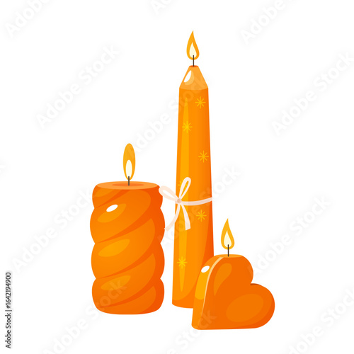 Vector illustration with different cozy flaming candles in orange color isolated on white background.