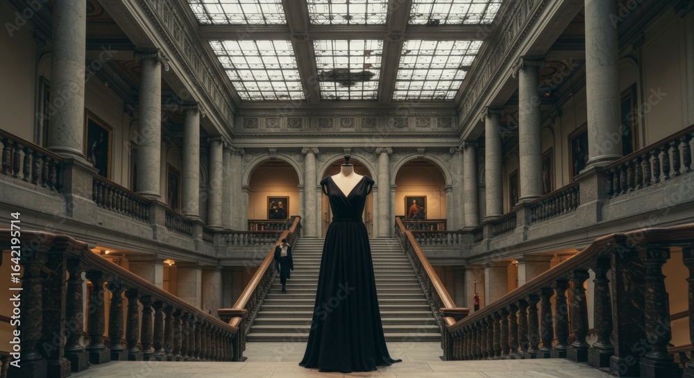 Obraz premium Black evening gown in grand museum hall