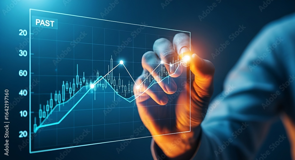 Obraz premium Trend analysis concept. A holographic line graph shows past data, and a hand draws a trendline over it to predict future performance.