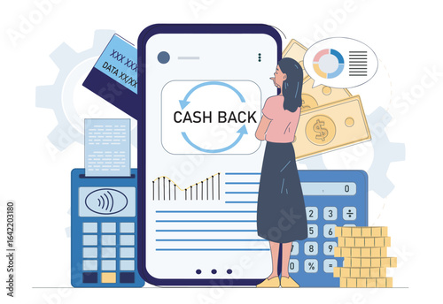 Woman standing in front of a smartphone showing cashback, with financial icons like coins, cards, calculator, and charts on white background. Concept of digital finance. Vector illustration