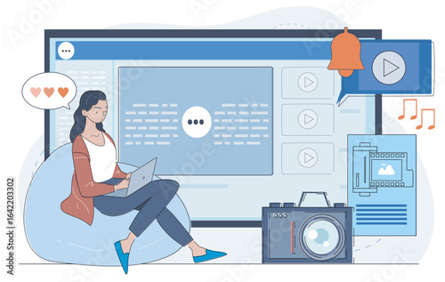 Woman sitting on bean bag using laptop, surrounded by media icons like video player, camera, and notification bell, on a digital interface background. Vector illustration