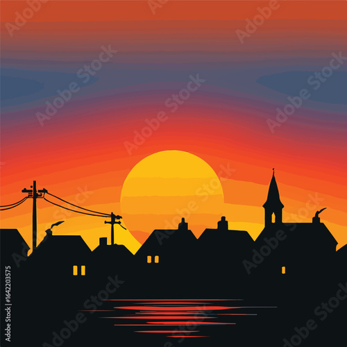 Small Town Silhouette at Sunset