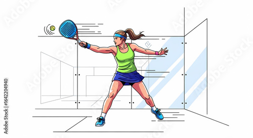 Dynamic squash player in action hitting the ball in a court showcasing athleticism and focus for a vibrant and energetic sporting moment with clean lines