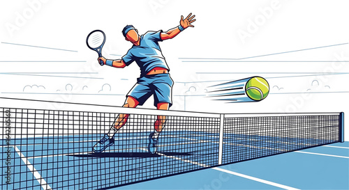 Dynamic tennis player striking a ball with forceful energy over the net in a stylized court scene conveying athletic action and sporting prowess in graphic illustration style