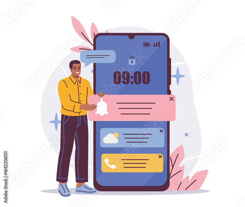 A smiling man stands next to a giant smartphone showing notification alerts on screen, in a flat cartoon style, on a white background. Concept of online communication. Vector illustration
