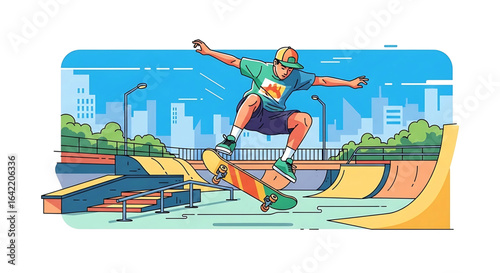 Dynamic illustration of a skateboarder performing a trick in a vibrant skatepark with a city skyline backdrop conveying youth, freedom, and urban energy