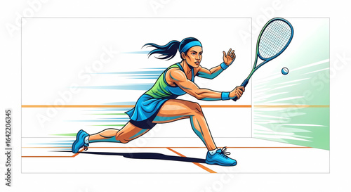 Dynamic illustration of a focused squash player in mid-swing demonstrating power and agility during gameplay capturing the essence of competitive athleticism and strategic court positioning