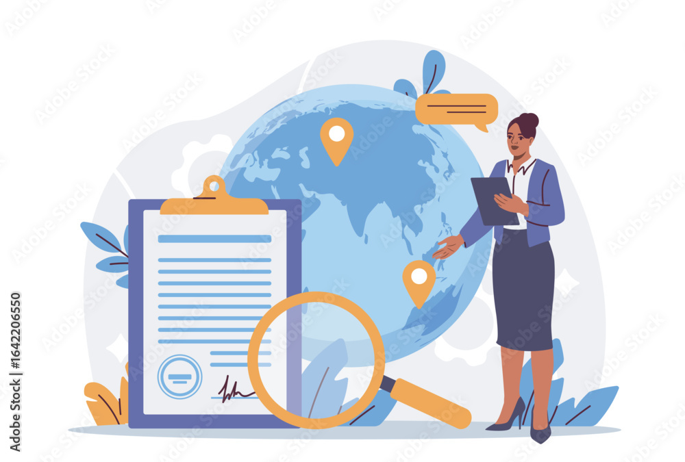 Naklejka premium Businesswoman analyzing legal document with clipboard and magnifying glass in front of globe with location pins, flat style, white background. Concept of verification. Vector illustration