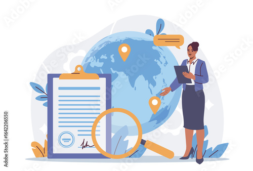 Businesswoman analyzing legal document with clipboard and magnifying glass in front of globe with location pins, flat style, white background. Concept of verification. Vector illustration