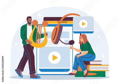 Man holding lyre and woman sitting on books with headset, large video interface in background, modern flat style, symbolizing online music education. Vector illustration