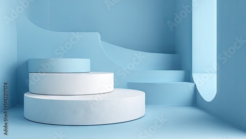 Light blue and white geometric podiums in a modern interior design.