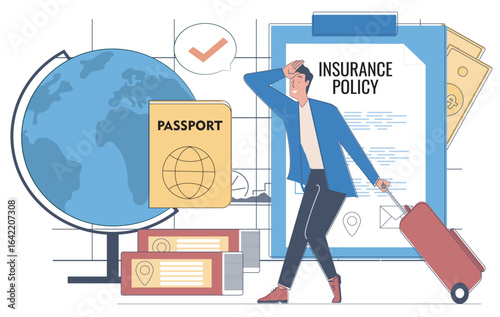 Man with suitcase near globe, passport, and insurance policy on clipboard, flat style on white background. Concept of travel planning and insurance. Vector illustration