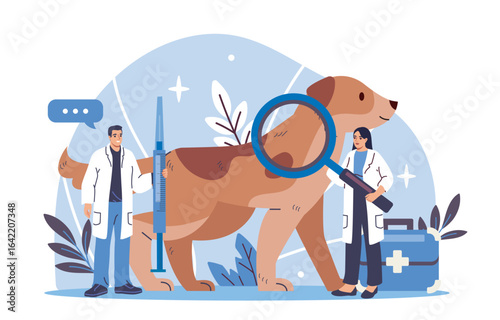 Two veterinarians in lab coats examining a large cartoon dog with a magnifying glass and a syringe on a blue abstract background. Concept of pet healthcare. Vector illustration