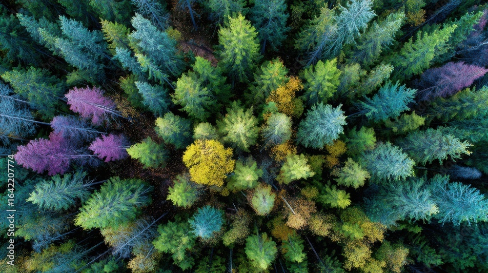 Obraz premium Aerial View of Dense Forest with Vibrant Green and Colorful Fall Foliage in Nature's Splendor