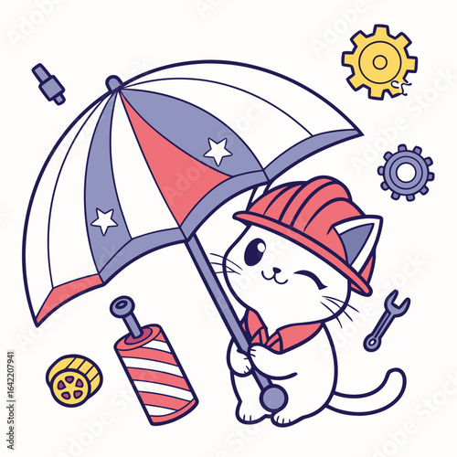 Worker’s Pride colored Sphynx cat with a Gentle touch, placed in a Labor Day theme and styled with under an umbrella