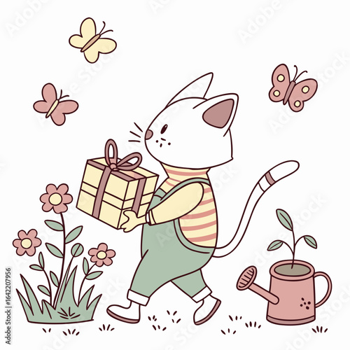 Spring Garden colored Sphynx cat with a Bashful touch, placed in a Spring garden theme and styled with carrying a gift box