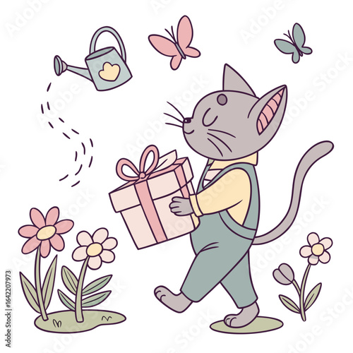Spring Garden colored Sphynx cat with a Bashful touch, placed in a Spring garden theme and styled with carrying a gift box