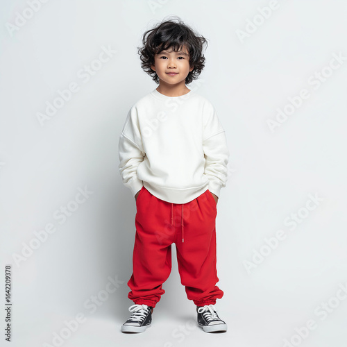 full body shot, front view, boy in white sweatshirt, slight smile