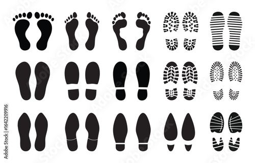 Footprint and shoe print icons set vector illustration on a white background.