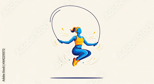 Dynamic illustration of a woman exercising with a jump rope showcasing fitness wellness and an active lifestyle achieving her goals with determination and strength