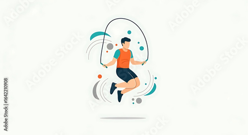 A dynamic illustration of a man jumping rope surrounded by abstract design elements, showcasing fitness and movement against a bright, clean backdrop evoking energy and vitality