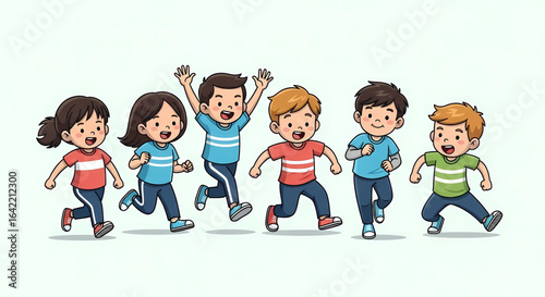 Cartoon illustration portraying a group of cheerful children running and joyfully playing together, showcasing the essence of childhood friendship and active leisure within a minimalist style