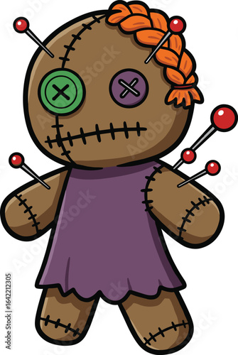 Creepy voodoo doll cartoon illustration, stitched fabric doll, pins, grey background art