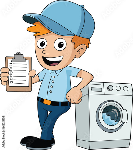 Cartoon appliance repair technician with checklist clipboard, blue uniform, washing machine, service character, maintenance concept, front-load laundry illustration