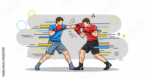 Dynamic cartoon illustration featuring two boxers in a stylized match, emphasizing movement and impact with vibrant colors and contemporary design elements