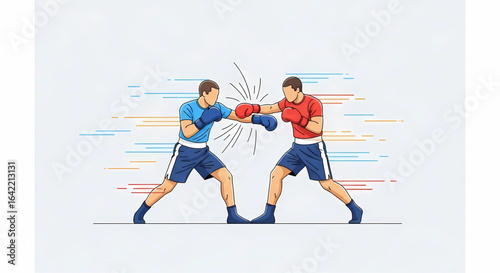 An energetic illustration depicting two boxers in the midst of a match showcasing action and competition with vibrant lines accentuating the motion and intensity of the boxing encounter