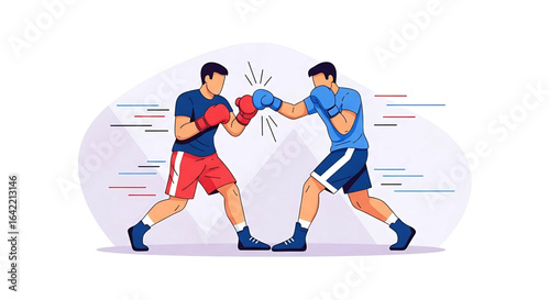 Intense boxing bout displaying power and agility between two determined fighters within a modern illustrated style showing a dynamic and energetic clash