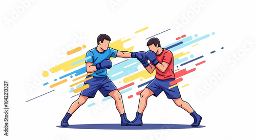 Dynamic Illustration of Two Boxers Engaging in a Sparring Match with Energetic Line Accents Showcasing Movement and Competition