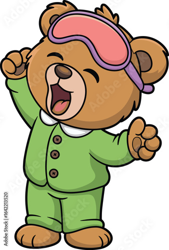 Cartoon bear in green pajamas, pink sleep mask, yawning pose, bedtime routine, cozy character, children’s sleep illustration, relaxing theme