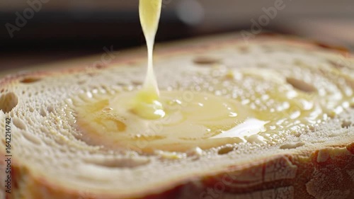 Pouring Clarified Butter On A Slice Of Rustic Bread Macro Shot