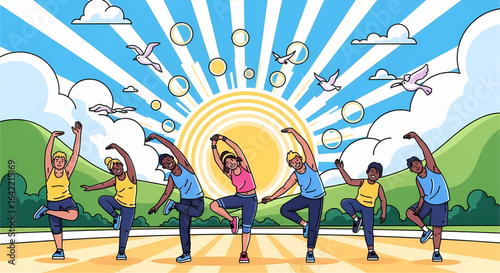 Harmonious wellness: a vibrant illustration of people exercising together under a sunlit sky, promoting health and unity in a bright, cartoonish and uplifting setting