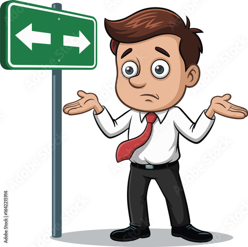 Cartoon character at crossroads, confused gesture, signpost with arrows, decision-making concept, white shirt, red tie, business dilemma