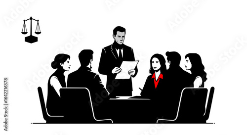 Real Estate Legal Meeting Attorneys and Clients Discussing Property Law, Home Sale Negotiation Vector Illustration