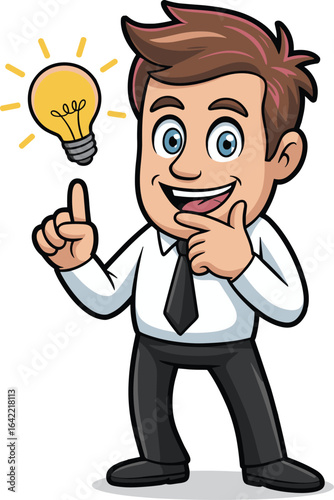 Cartoon character with light bulb idea, white shirt, black tie, thoughtful pose, pointing upward, inspiration and realization concept