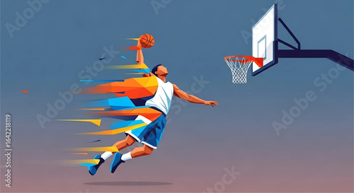 Dynamic basketball artwork showcasing an athlete leaping towards the hoop for a slam dunk with abstract colorful motion trails suggesting the speed and energy of the game