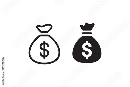 Simple black and white money bag icons.Two contrasting money bag icons, one in outline (line art) and the other filled (solid black), are displayed against a pure white background.