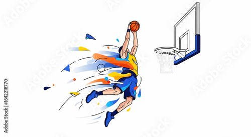 Vibrant basketball player executing a slam dunk with abstract energy trails against a minimalist background showcasing dynamic movement and athleticism