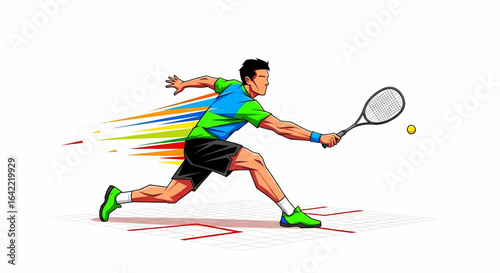 Dynamic tennis player illustration showcasing speed and agility with vibrant colors representing energy and forward motion creating a visually engaging sports scene