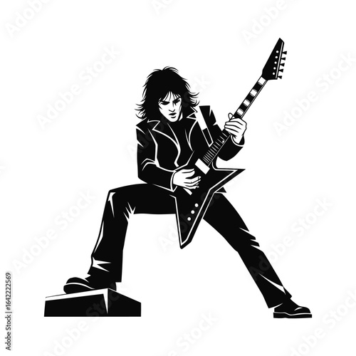 Vector art of silhouette of a rock musician playing an electric guitar isolated on white background